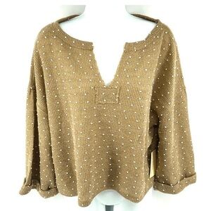 Flower & Feather NEW tan white Swiss dots polka v neck cropped crop top sweater